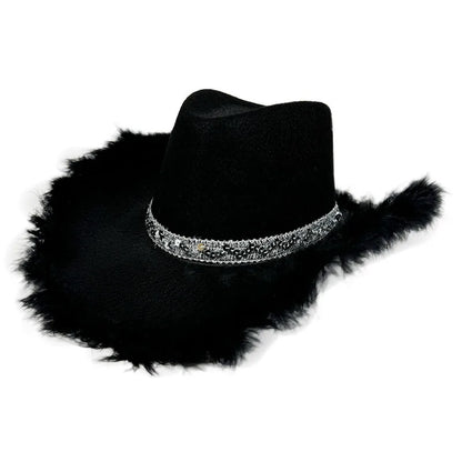 Pink Fur Brim Crown Cowboy Hat For Women'S Wide Brim Cowgirl Hat Bachelorette Party Carnival Western Headwear Cosplays Prop Caps