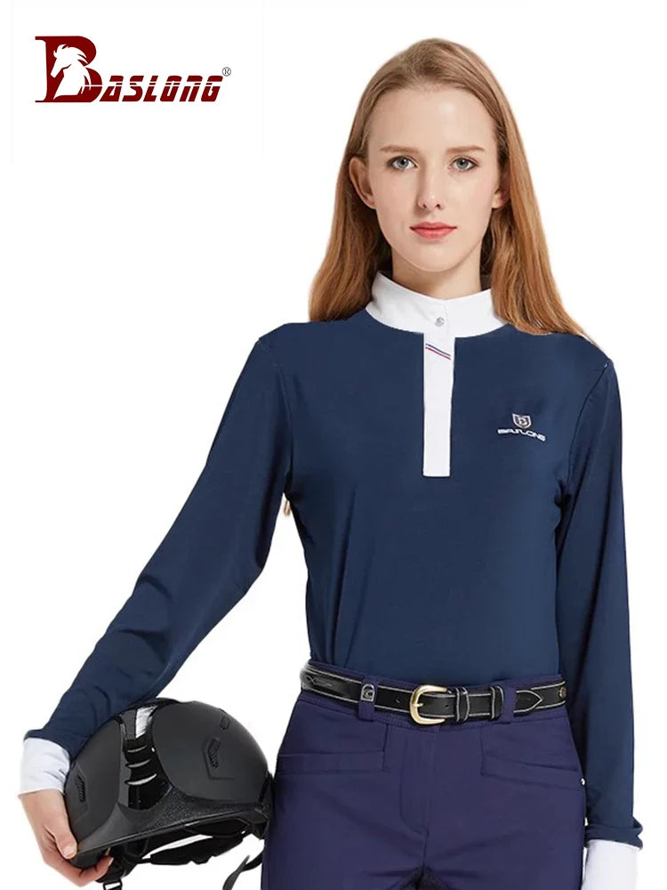 Equestrian T-Shirt Long-Sleeved Polo Shirt Spring and Summer Quick-Drying Breathable Sunscreen Equestrian Suit Competition T-Shirt Men's and Women's Elegant Knight Suit
