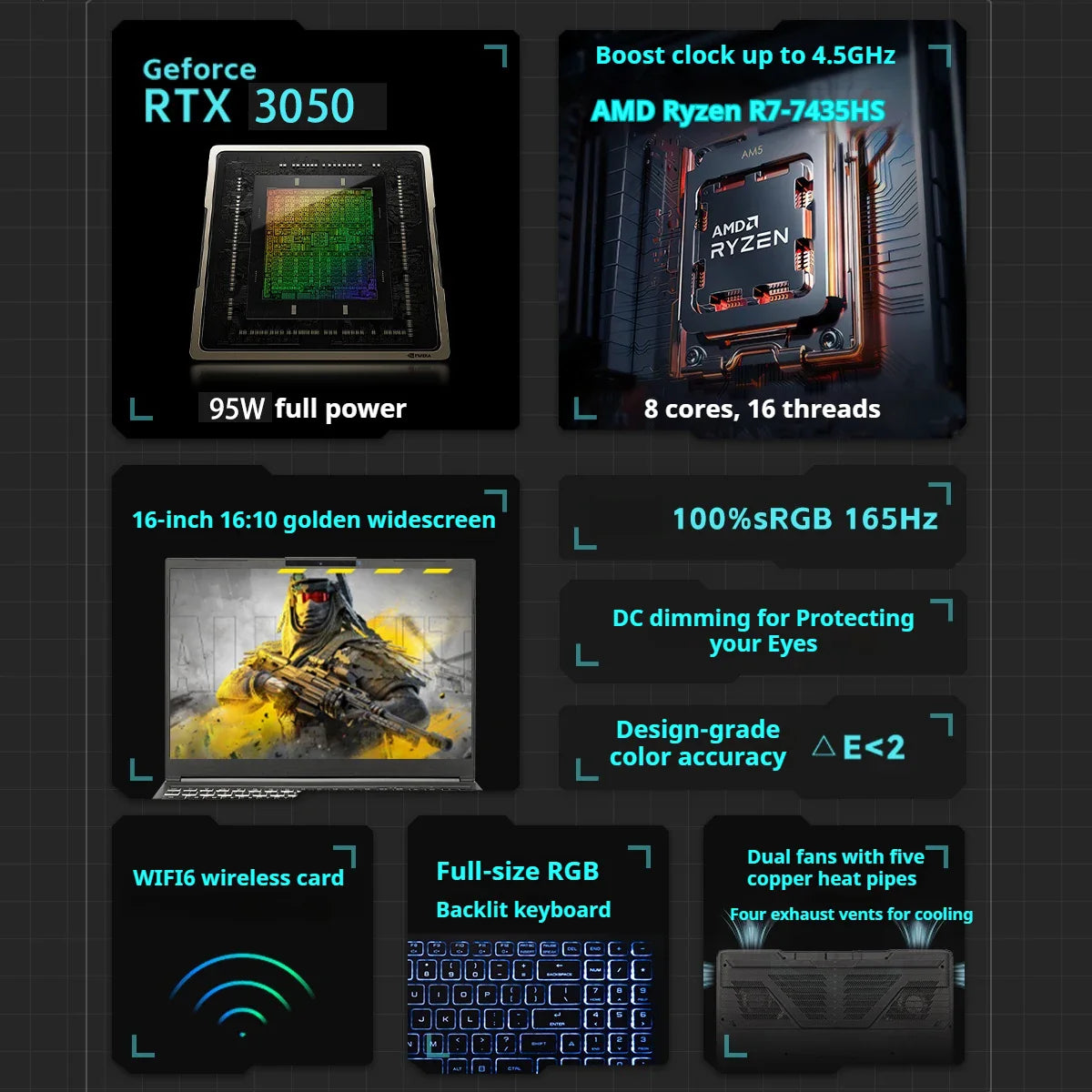 FIREBAT T6A 16 Inch AMD Ryzen7 7435HS Geforce RTX 3050 DDR5 165Hz Wifi6 BT5.1 16GB 512GB Gaming Gamer Notebook Laptop