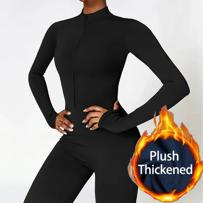 Combinaisons de sport chaudes en peluche pour femmes, survêtement une pièce, Fitness, ensembles de gymnastique d'hiver, manches longues, body d'exercice noir pour femme