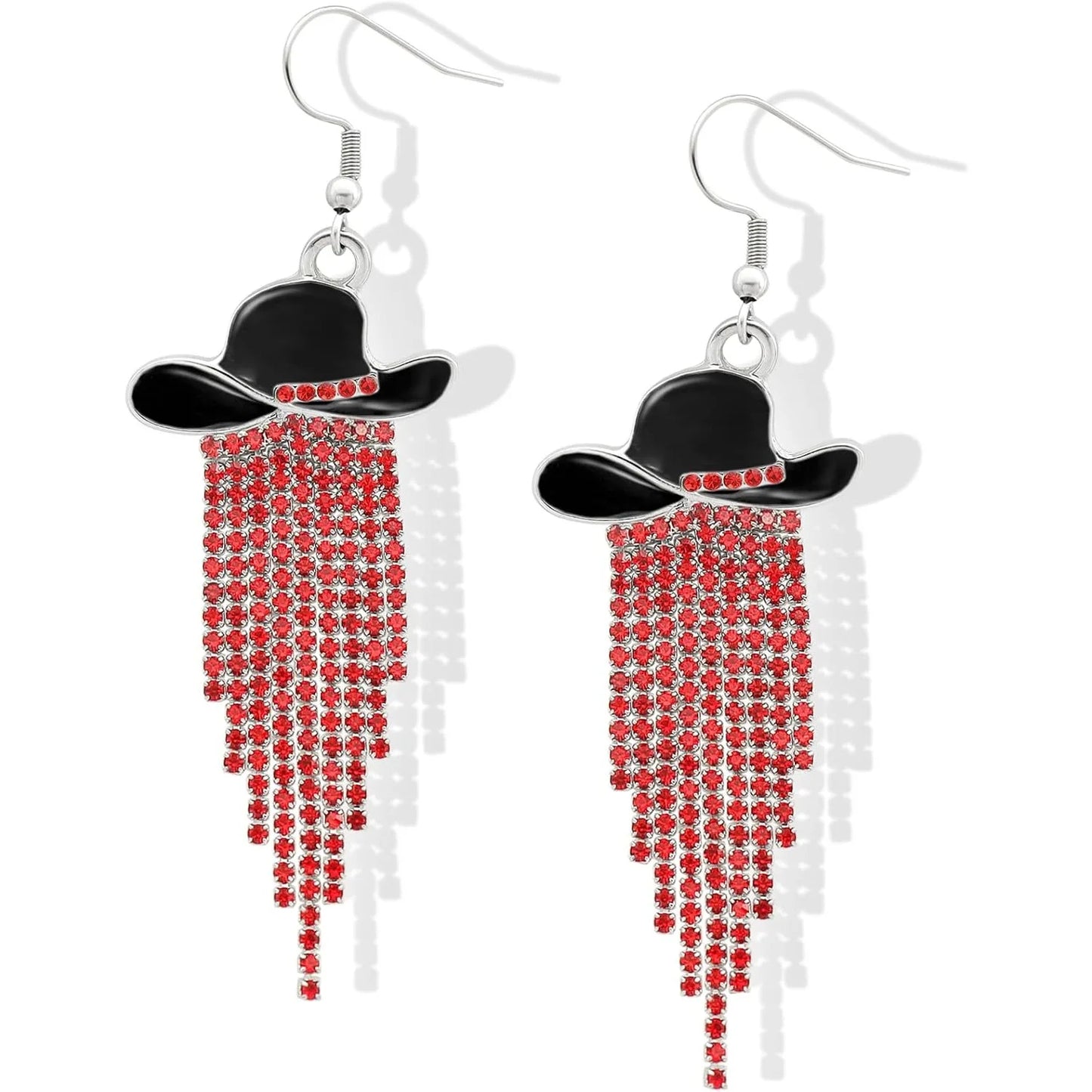 Boucles d'oreilles pendantes de cowgirl de l'Ouest, Chapeau en émail, Pendentif à pompon strass scintillant, Bijoux pour femmes pour bal, concerts country, rodéo, cow-boy