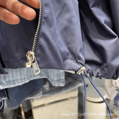 Women Patchwork Denim Bomber Jacket Spring Autumn Fake Two Piece Loose Drawstring Waist Patchwork Jean Coat Cowboy Cardigan Tops
