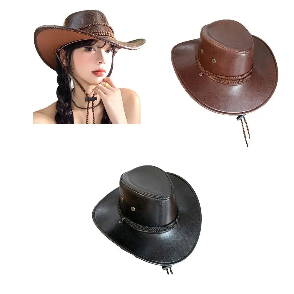 Chapeau de Cowboy occidental de Style ethnique Cool, chapeau de chevalier en Polyester à large bord, couleur unie noir/marron, chapeau de Jazz pour filles