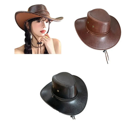 Chapeau de Cowboy occidental de Style ethnique Cool, chapeau de chevalier en Polyester à large bord, couleur unie noir/marron, chapeau de Jazz pour filles