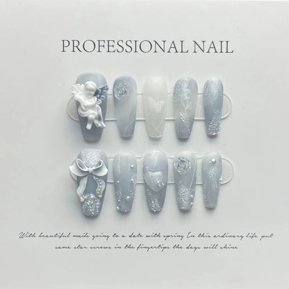 10 faux ongles bleus faits main de style cowboy, ongles adhésifs à presser, couverture complète, Uñas Накладные Ногти