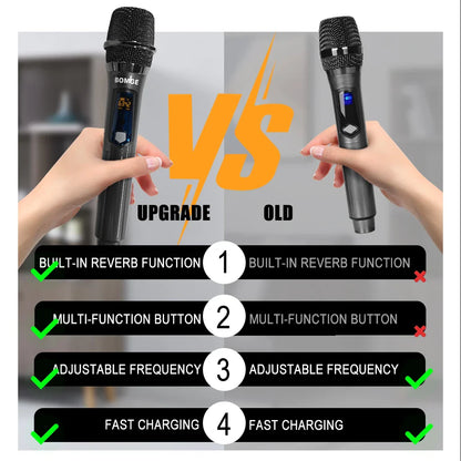 BOMGE Microphone à main sans fil, système de micro dynamique double sans fil avec récepteur Rechargeable 1800MAh pour karaoké