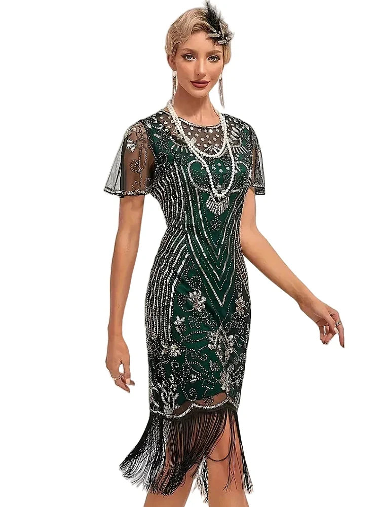 Flapper Dresses 1920s Gatsby Roaring 20s Sequin Beaded Fringe Dress Crew Neck See-through Themed Party Club Dress
