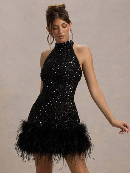 Robe élégante en Patchwork de plumes et de paillettes, col licou, sans manches, épaules dénudées, taille cintrée, Slim, Robe de soirée pour dames