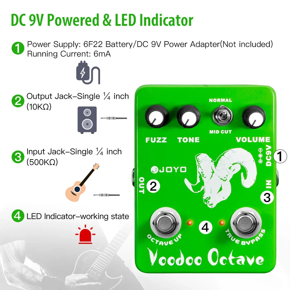 JOYO JF-12 Voodoo Octave Fuzz pédale d'effet guitare à la distorsion et effet octave véritable contournement guitare électrique pédale de basse