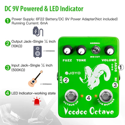 JOYO JF-12 Voodoo Octave Fuzz pédale d'effet guitare à la distorsion et effet octave véritable contournement guitare électrique pédale de basse