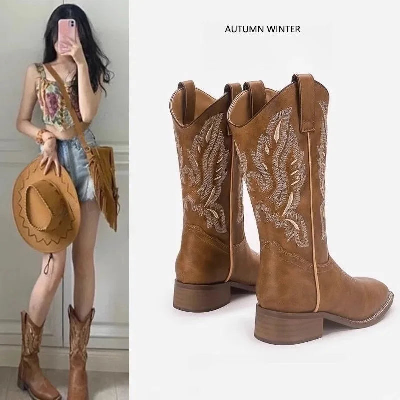Versatile Western Cowboy Boots Summer Coarse Heel Embroidered Sleeve Knight Boots Mid Barrel Square Head Horseshoe Large