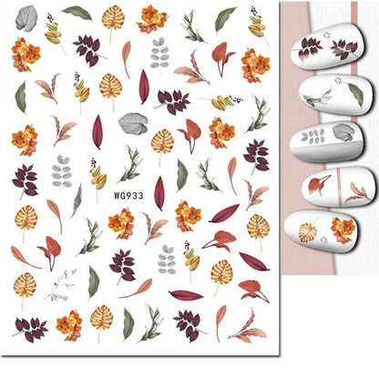Autocollants 3D pour ongles Hiver Automne Feuilles dorées Roses Rouges Fleurs Décalcomanies pour la décoration des ongles Salon de manucure Beauté