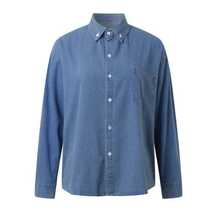 New 2024 Casual Fashionable Denim Shirts Wild Pockets Korean Style Autumn Summer Women'S Blouses Minimalist Lady Tops