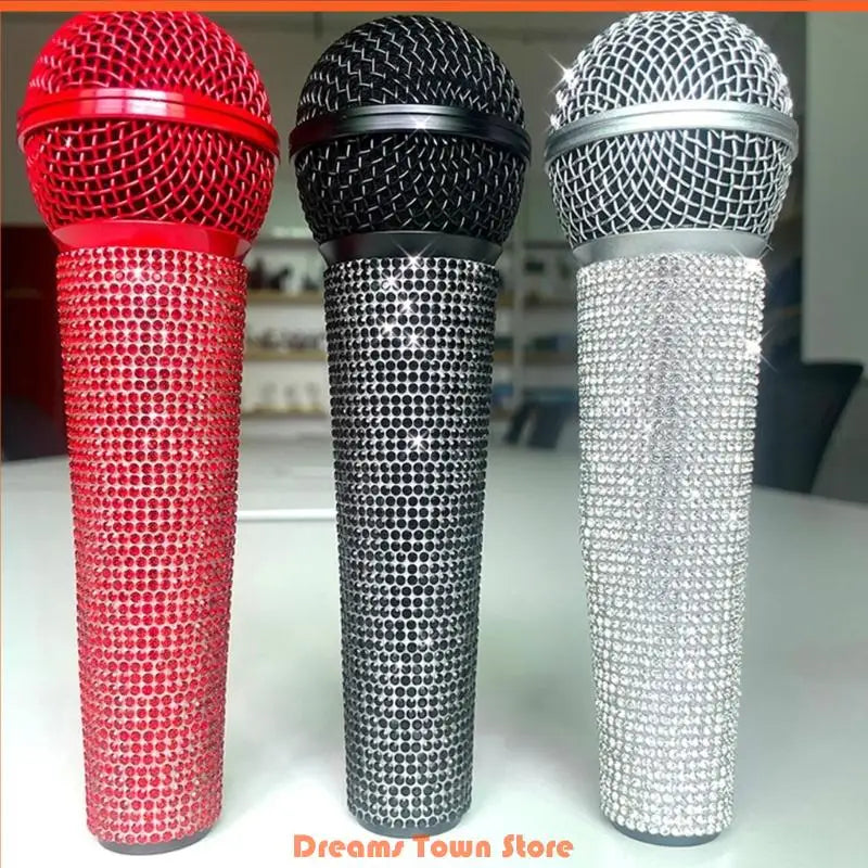 Decorative protective cover for microphone, adorned with rhinestones and sequins, compatible with 90% of portable wireless microphones used in KTVs and bars.