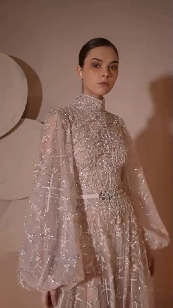 FATAPAESE Customized GlitterNude Bridesmaid Dress Puff Sleeve Fully Beaded Sequins Stones A-line Gown Wedding Engagement Dress