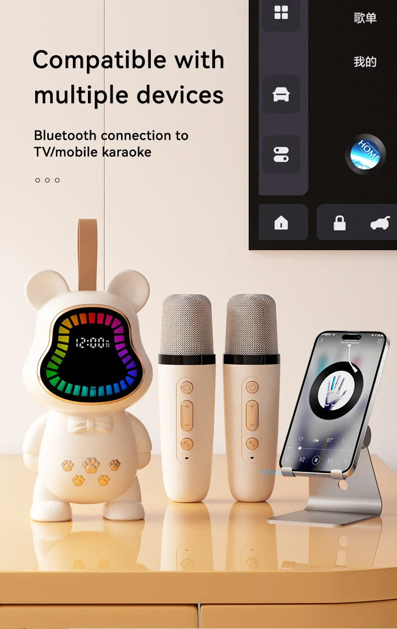 New Karaoke Speaker With Wireless Microphone Sing Bluetooth 5.3 Cute Children Gift Toy Hifi Sound Stereo Mini Audio RGB Lighting