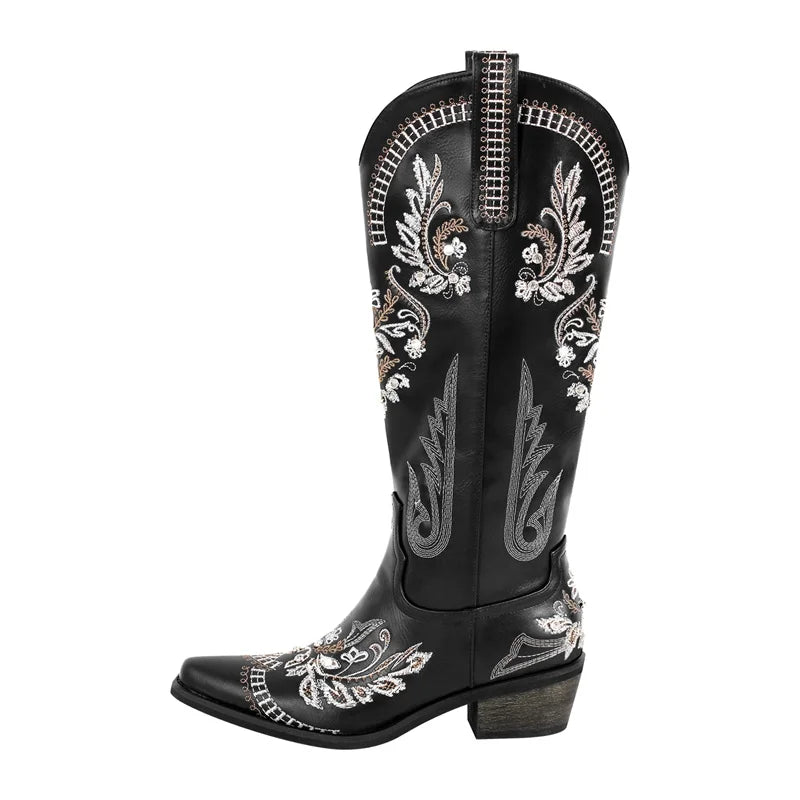 Bottes de cowboy blanches brodées Onlymaker pour femmes, à talon bloc, bout pointu, ornées de cristaux, style cowgirl.