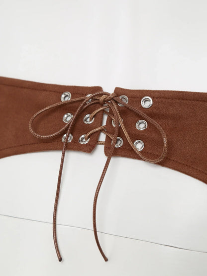 Womens Faux Suede Leather Cowboy Pants Vintage Adjustable Waist Hollow Out Bell Bottoms Biker Pants Riding Motorcycle Trousers