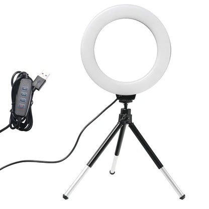 LED Ring Light with Tripod and Suction Cup for Selfie, 16cm, Portable USB Plug, Laptop Lighting, Video Conferencing, Makeup