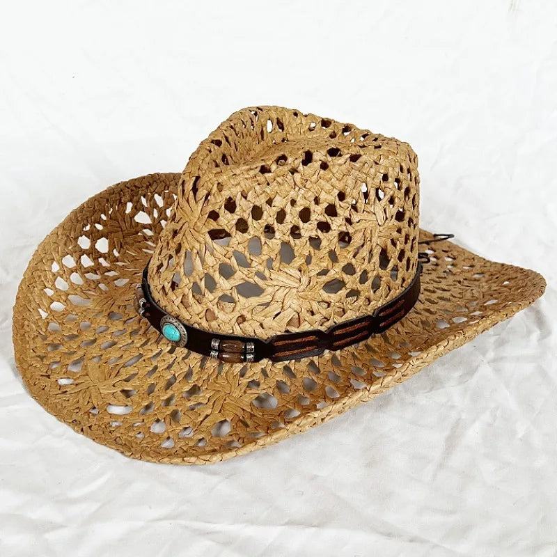 Ethnic Style Western Cowboy Straw Hats Women Handmade Hollowed Sun Hats Shapeable Beach Hat Panama with Detachable Chin Strap