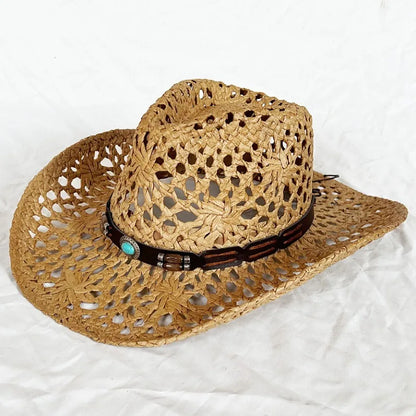 Ethnic Style Western Cowboy Straw Hats Women Handmade Hollowed Sun Hats Shapeable Beach Hat Panama with Detachable Chin Strap