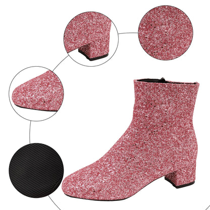 Luxury Sequined Women Ankle Boots Solid Color Chunky Block Heels Short Boot Side Zipper Autumn Winter Party Shoes Large Size