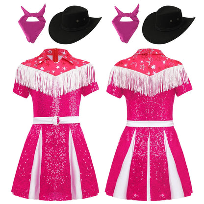 Costume de cow-girl western 3 pièces pour fille, robe plissée à paillettes avec chapeau de cowboy et bandana, pour Noël, Halloween, fête
