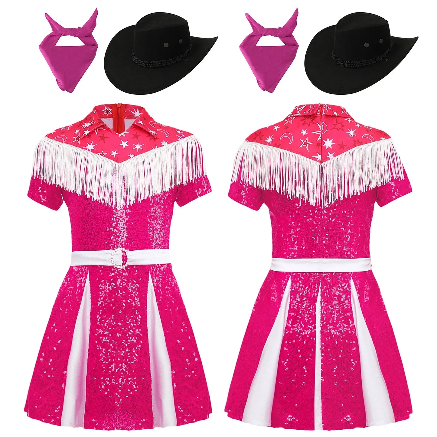 Déguisement de cow-girl pour enfants filles, robe à franges et paillettes avec chapeau de cowboy et bandana, tenue de fête de carnaval d'Halloween