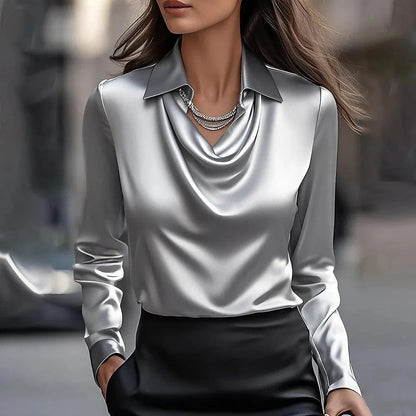 Women's Elegant Satin Shirt, Printed Blouse, V-Neck, Long Sleeves, Solid Color, Loose Fit, Casual Top for Office, New Collection