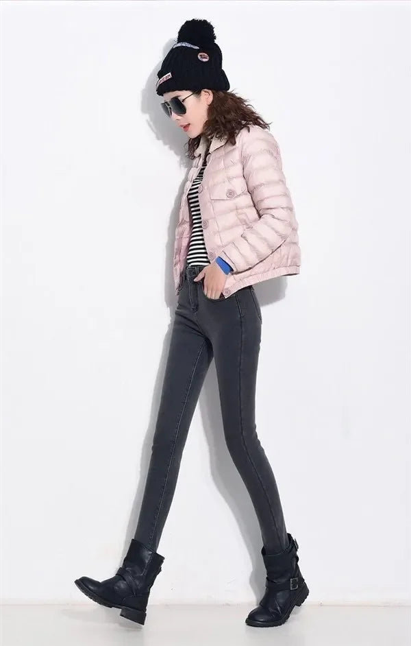 WinterFleece-Lined Thickened High-Waisted Jeans Women's Korean Style Black Slimming Trousers Student Elastic Long Pants