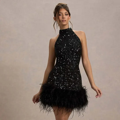 Robe élégante en Patchwork de plumes et de paillettes, col licou, sans manches, épaules dénudées, taille cintrée, Slim, Robe de soirée pour dames
