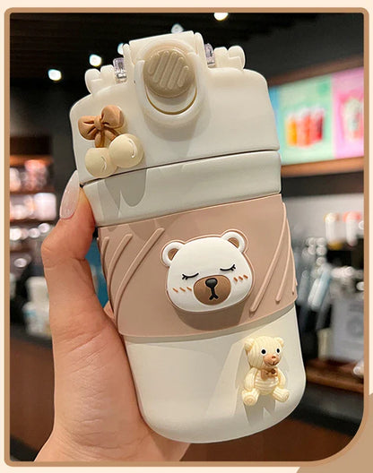 450ML Mignonne Tasse à Café Thermos Double Boisson Ours avec Paille Gobelet Portable en Acier Inoxydable Bouteille Isotherme pour Enfants Filles