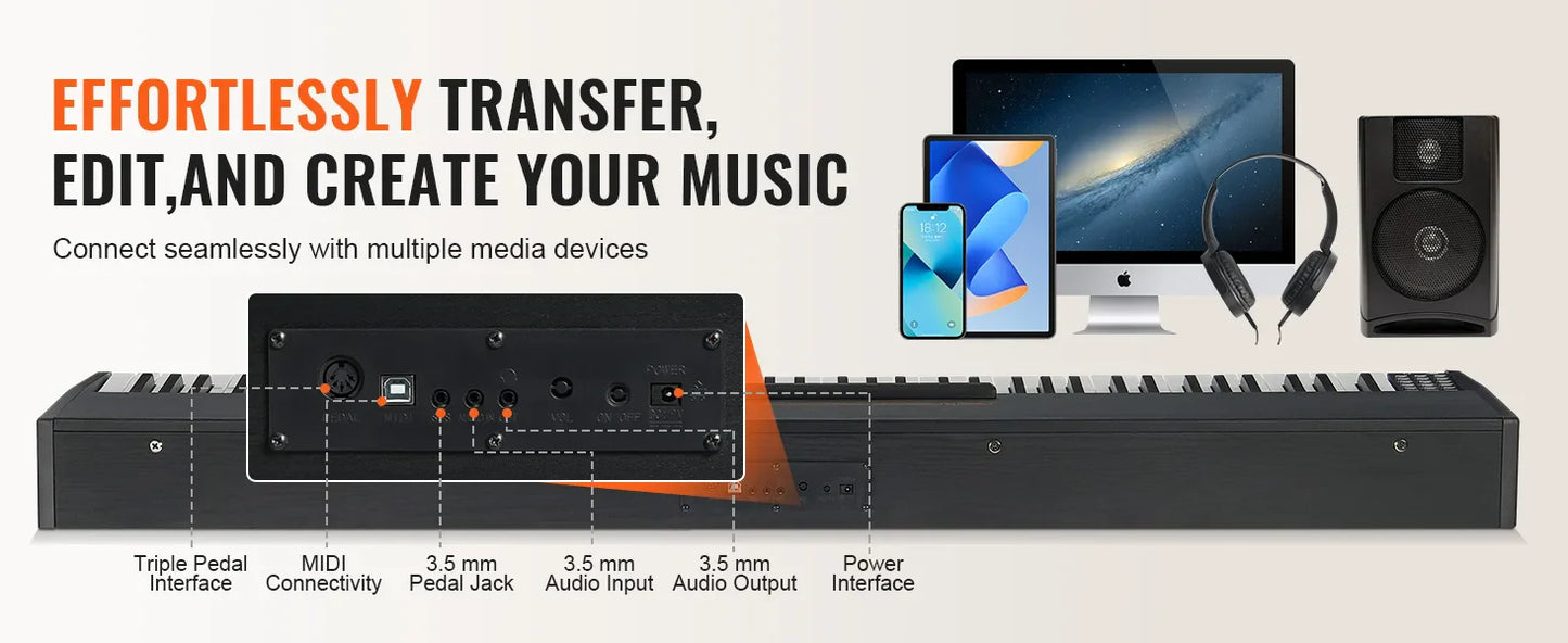 VEVOR Piano numérique, 88 touches entièrement pondérées, ensemble piano à clavier électrique portable avec double clavier, haut-parleurs, pédale de sustain, casque, Bluetooth USB MIDI, pour débutants