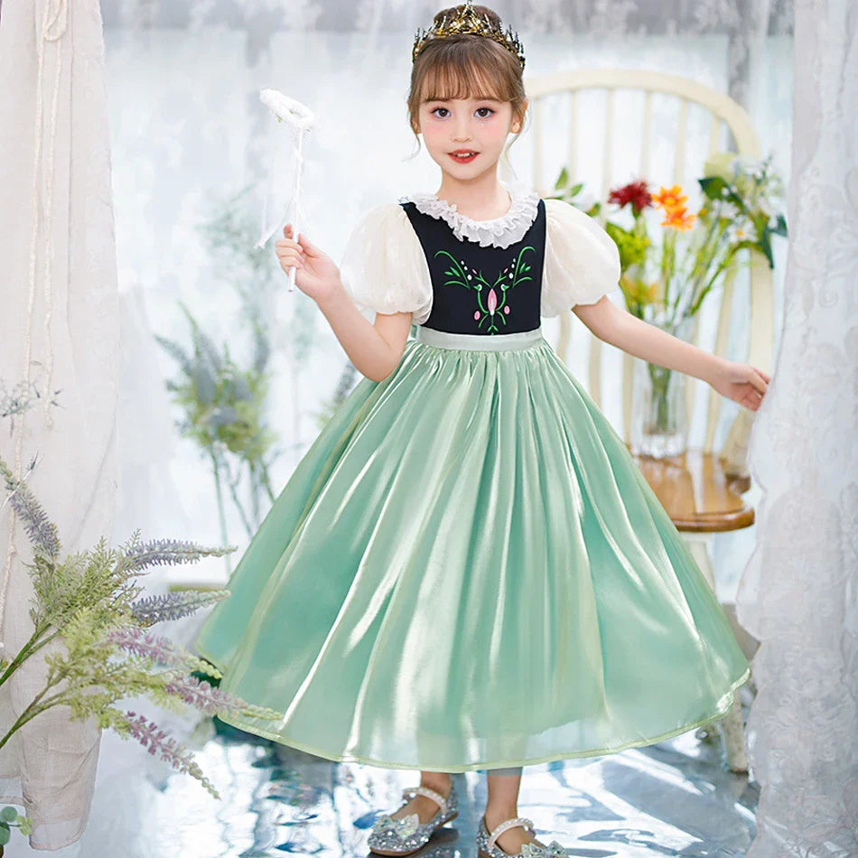 Robe de princesse de cosplay Anna pour filles, costume en maille à manches lanternes, pour fête d'anniversaire, carnaval, Halloween, robe de bal pour enfants