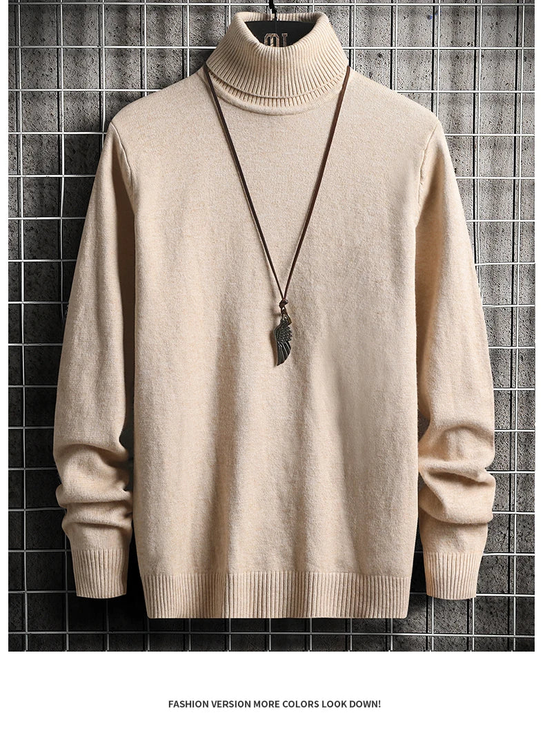 Pulls Hommes Chandails Tricotés Col Roulé Couleur Unie Épaisse Décontractée Manches Longues Haut Tricoté Épissé Pull Coupe Slim Automne Hiver