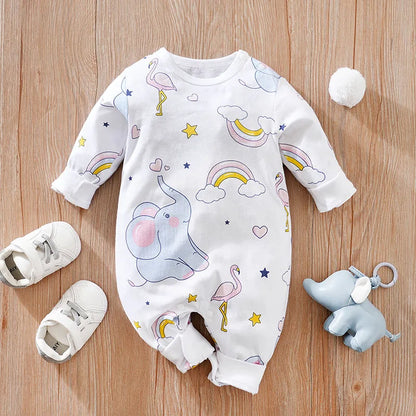 Spring And Autumn Boys And Girls Cute Cartoon Rainbow Elephant Print Cotton Comfortable Long Sleeve Baby Bodysuit