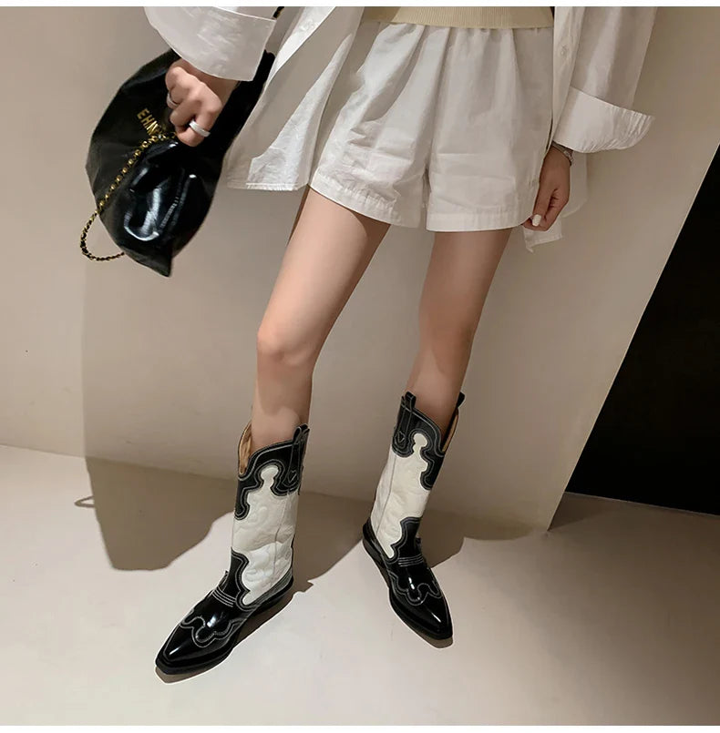 Bottes de cowboy Western Ods pour femmes en cuir véritable brodé, bout pointu, mi-mollet, style rétro, décontractées, de haute qualité