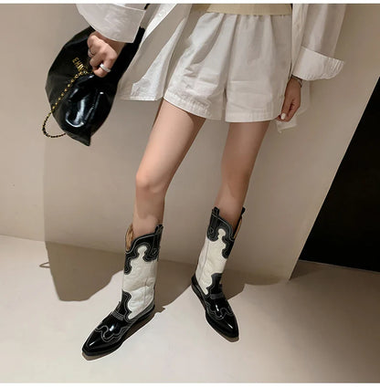 Bottes de cowboy Western Ods pour femmes en cuir véritable brodé, bout pointu, mi-mollet, style rétro, décontractées, de haute qualité