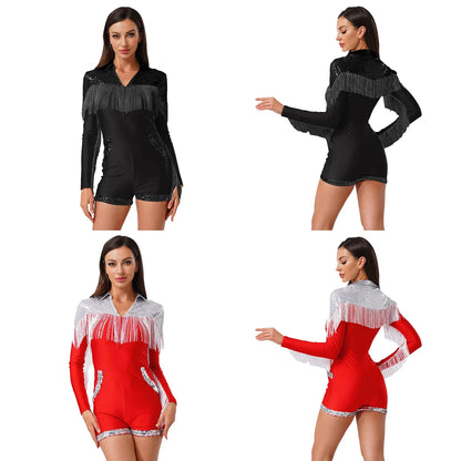 Womens Sequins Western Cowgirl Cosplay Costume Tassel Fringe Boyshorts Rompers 70s 80s Disco Bodysuit Front Zip Playsuit