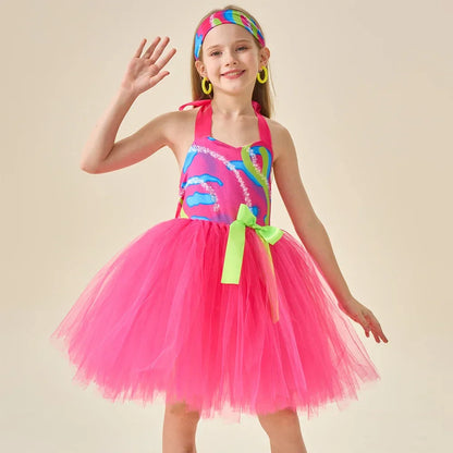 Movie Cowgirl Barbi Costume for Girls Princess Dress Hot Pink Plaid Margot Robbie Tutu Dress Kids Birthday Party Tulle Dresses