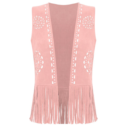Gilet sans manches à franges pour femme style cow-girl, disco années 70, hippie, cosplay, vintage, creux, débardeur à pompons, en faux daim