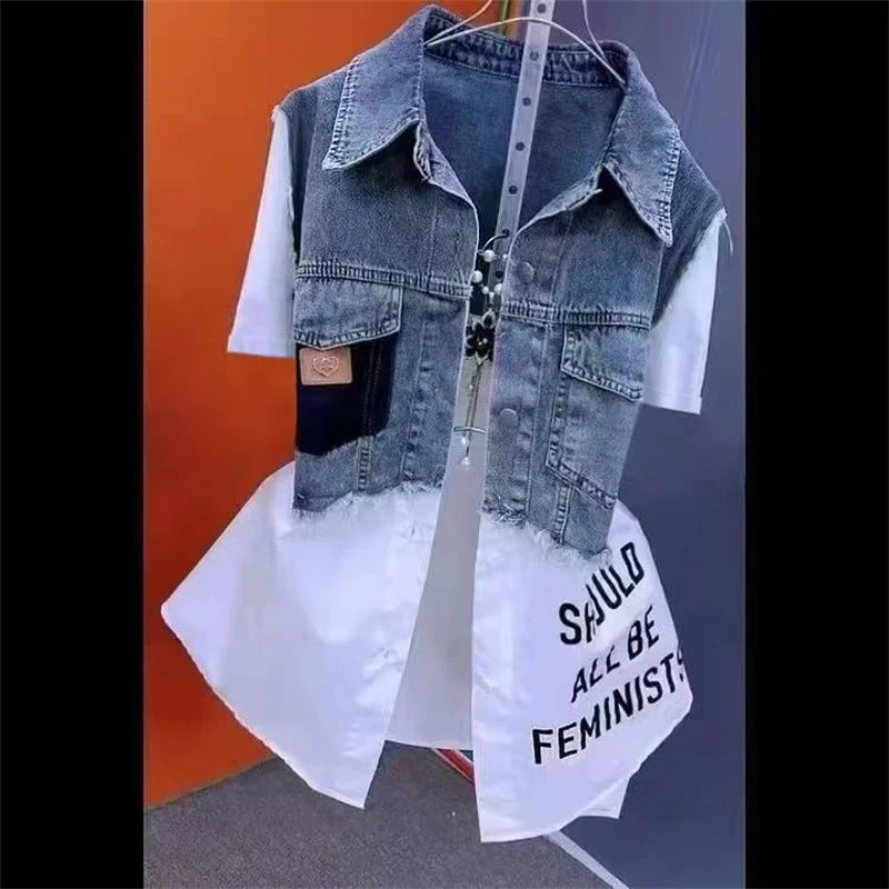 Blouson en jean pour femme Faux deux chemises en jean 2025 Nouvelle collection printemps été automne Décontracté Mode Joker Couture Rayé Hauts Manteau Femme