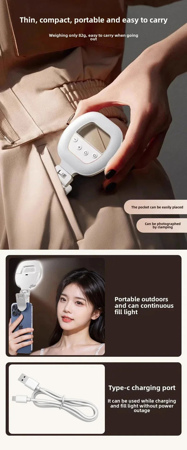 Lumière de remplissage pour téléphone Portable W60, lumière de beauté pour Selfie Portable, lampe de poche Rgb pour atmosphère de type anneau de charge