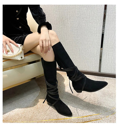 Matte Leather Gothic Western Cowboy Boots Women's Fashion Autumn New Style Pointed Toe Lace-up Retro High Top Flat Heel Boots