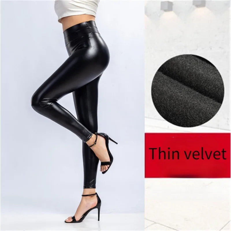 Leggings d'hiver en cuir Pu pour femmes Leggins chauds Leggins en velours noir Leggings taille haute extensible maigre grande tailleLeggings