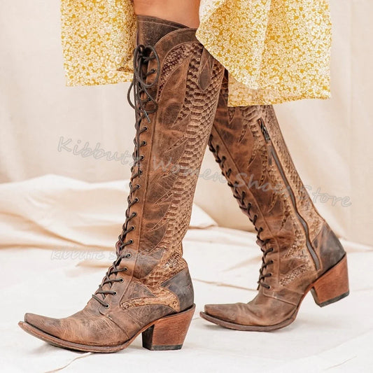 Cowboy Vintage Knee High Boots Fashion Concise Sexy Elegant Lace-Up Genuine Leather Solid Color Women Shoes Pointy Chunky Heels