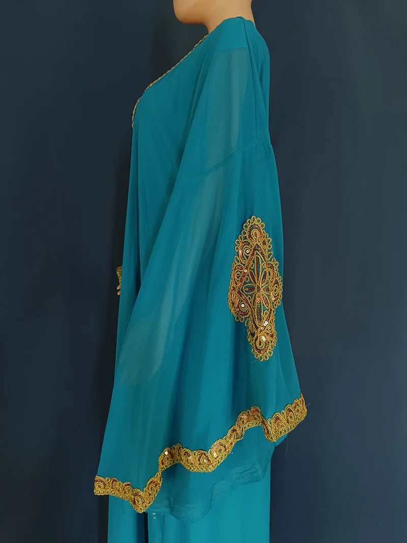 Abaya-Robes de soirée pour femmes, caftan musulman, manches évasées, robe brodée en dentelle dorée, trempée Jalabiya, Ramadan, ensemble de 2 pièces