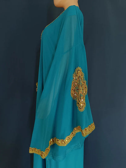 Abaya-Robes de soirée pour femmes, caftan musulman, manches évasées, robe brodée en dentelle dorée, trempée Jalabiya, Ramadan, ensemble de 2 pièces