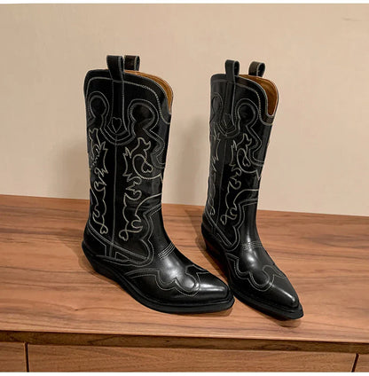 Ods Cowboy Western Boots For Women Real Leather Embroidered Pointed Toe Mid-calf Western Boot Retro Fashion Casual High Quality