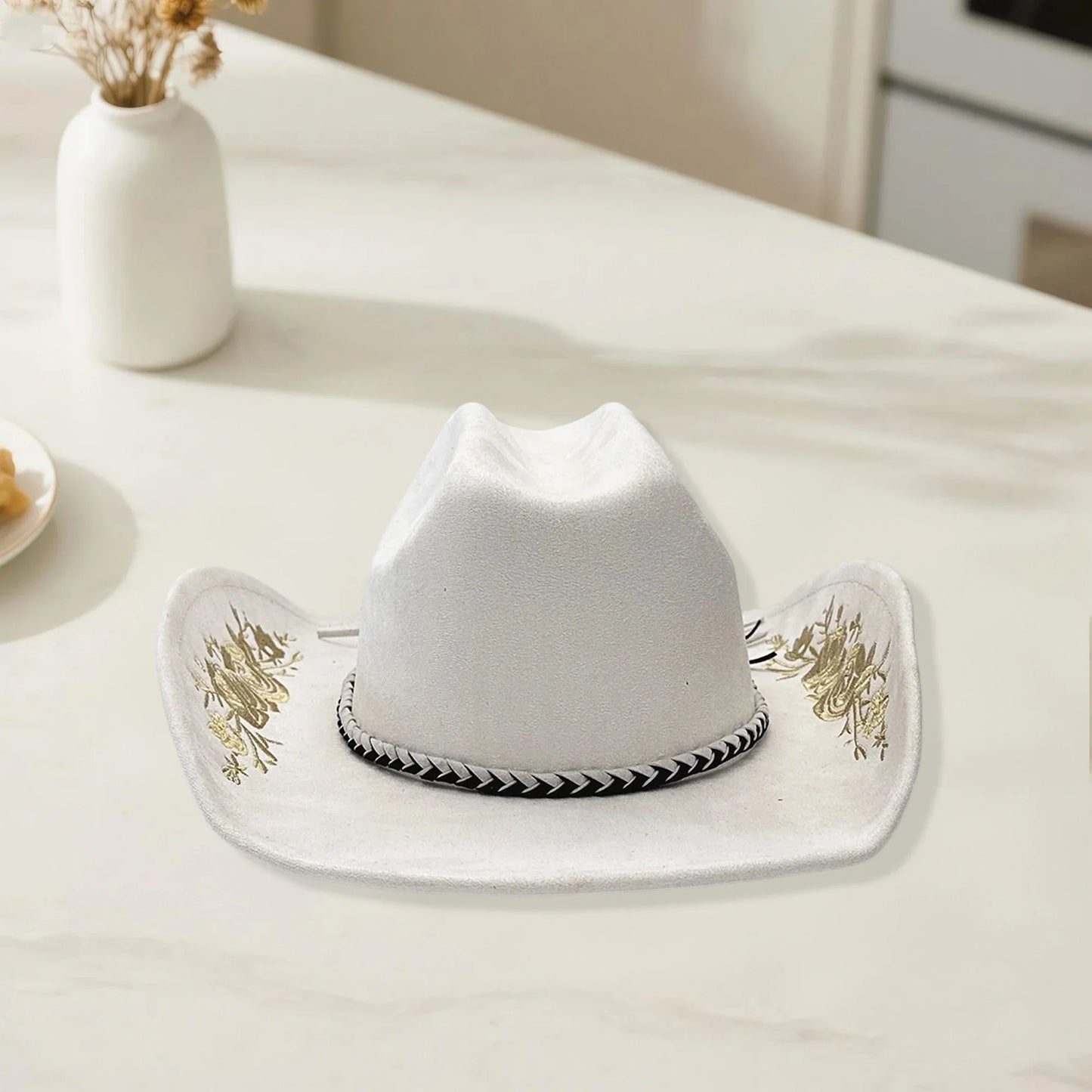 Retro Suede Cowgirl Hat for Women and Men, Floral Embroidery Wide Brim Western Cap Jazz Hat Cowboy Hats